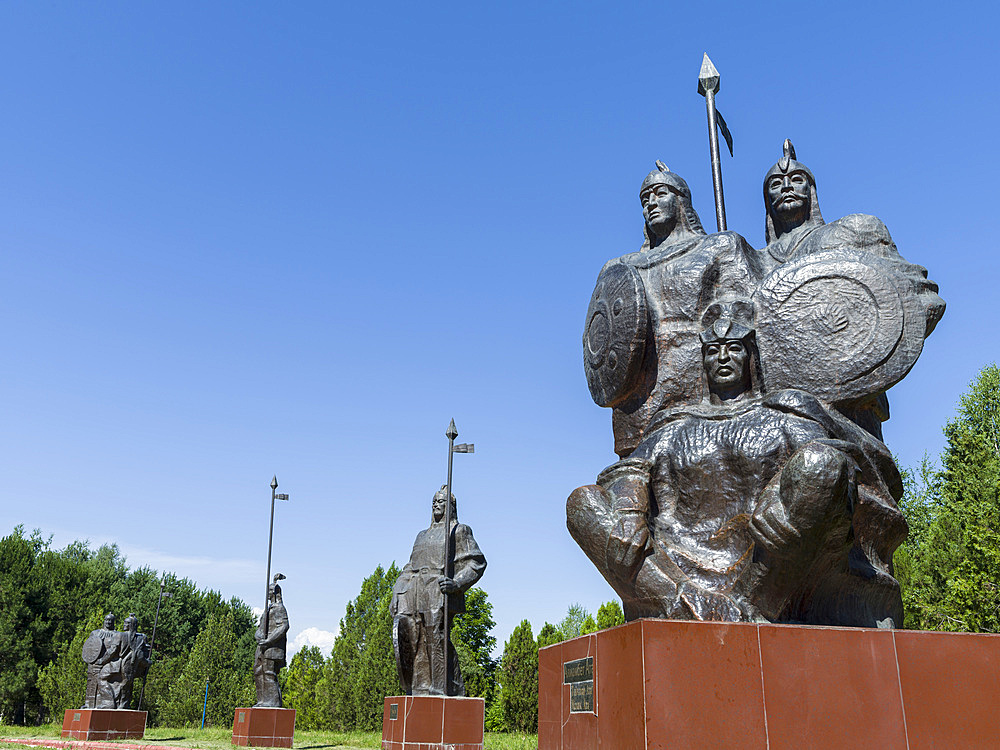 The companions of Manas. Memorial Place Manas Ordo near Talas in the Tien Shan mountains. Manas, a mystical as well as a historic person is considered as the founding father of historic Kyrgyzstan. Asia, Central Asia, Kyrgyzstan