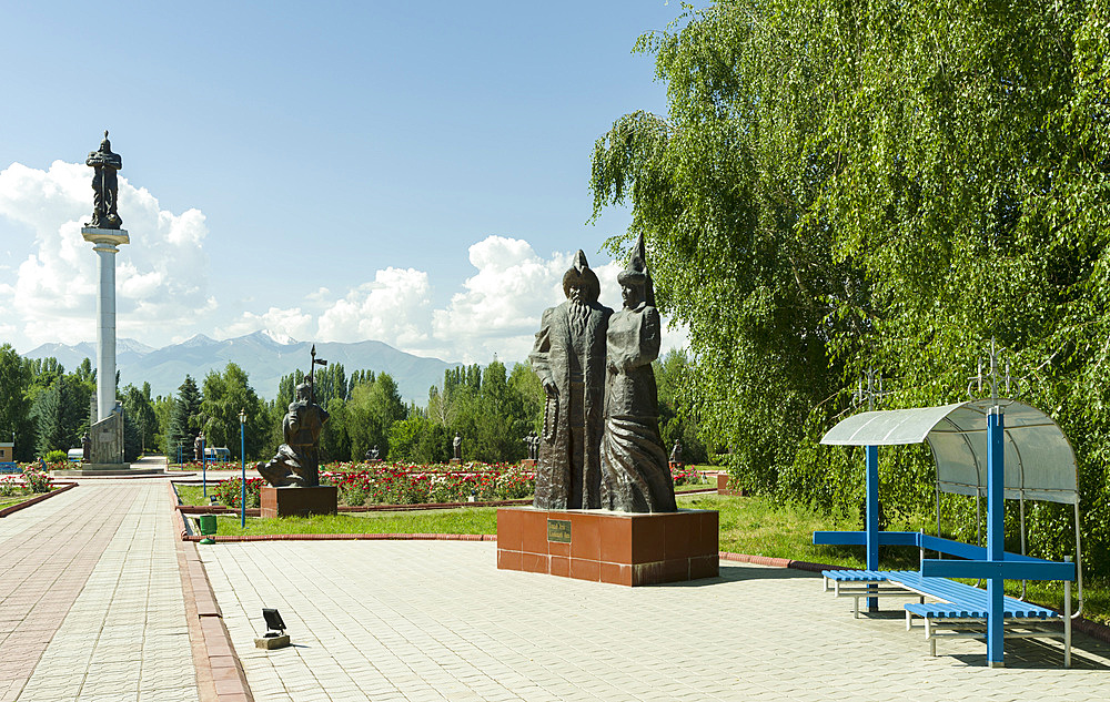 The companions of Manas. Memorial Place Manas Ordo near Talas in the Tien Shan mountains. Manas, a mystical as well as a historic person is considered as the founding father of historic Kyrgyzstan. Asia, Central Asia, Kyrgyzstan