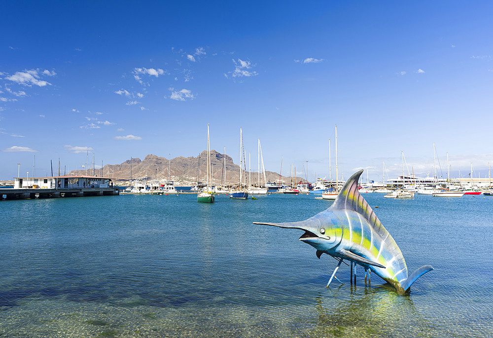 Sculpture of a Blue Marlin in the harbor City Mindelo, a seaport on the island Sao Vicente, Cape Verde in the equatorial atlantic. Africa, April