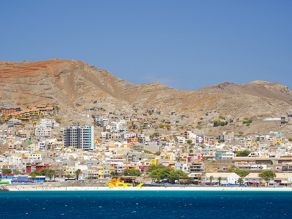 Cityview and view over Praia da Laginha. City Mindelo, a seaport on the island Sao Vicente, Cape Verde in the equatorial atlantic. Africa, April