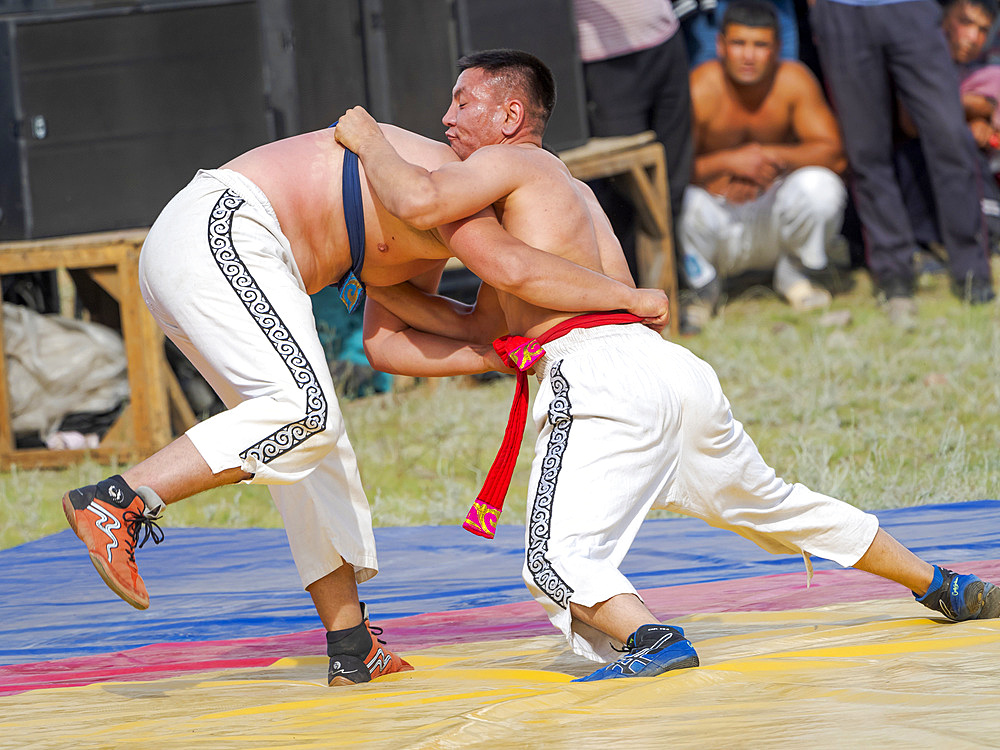 Kuresh, traditional Kyrgyz wrestling. Folk and Sport festival on the Suusamyr plain commemorating Mr Koshomkul, a sportsman and folk hero of the last century. Asia, central Asia, Kyrgyzstan