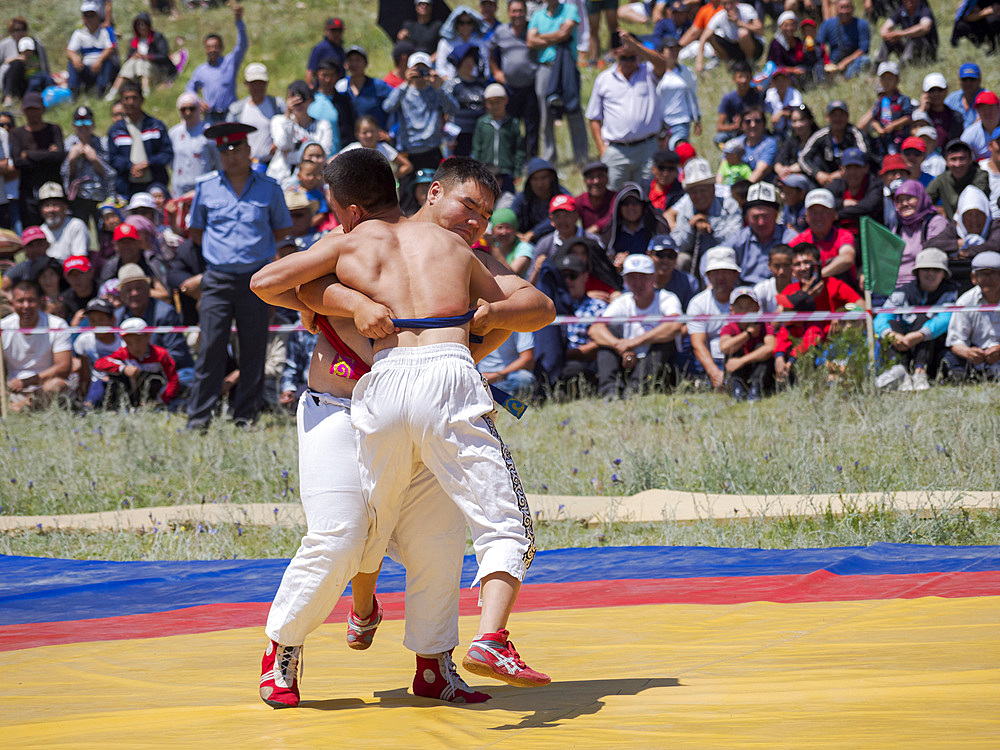 Kuresh, traditional Kyrgyz wrestling. Folk and Sport festival on the Suusamyr plain commemorating Mr Koshomkul, a sportsman and folk hero of the last century. Asia, central Asia, Kyrgyzstan