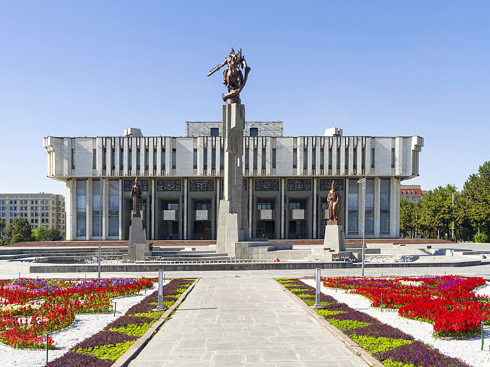 Philharmonics Toktogul, a Manas monument in the foreground. The capital Bishkek . Asia, Central Asia, Kyrgyzstan