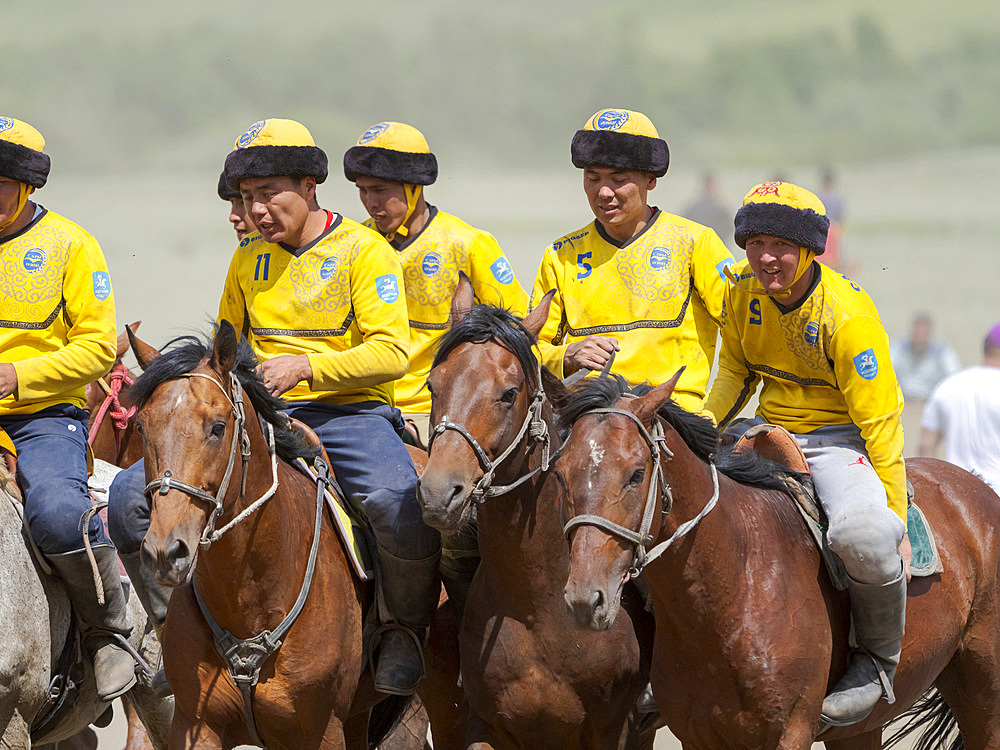 End of the match. Kok Boru (Buzkashi), traditional equestrian team sport. Festival on the Suusamyr plain commemorating Mr Koshkomul, a sportsman and folk hero of the last century. Kok Boru is listed as UNESCO Intangible Cultural Heritage Asia, central asia, Kyrgyzstan