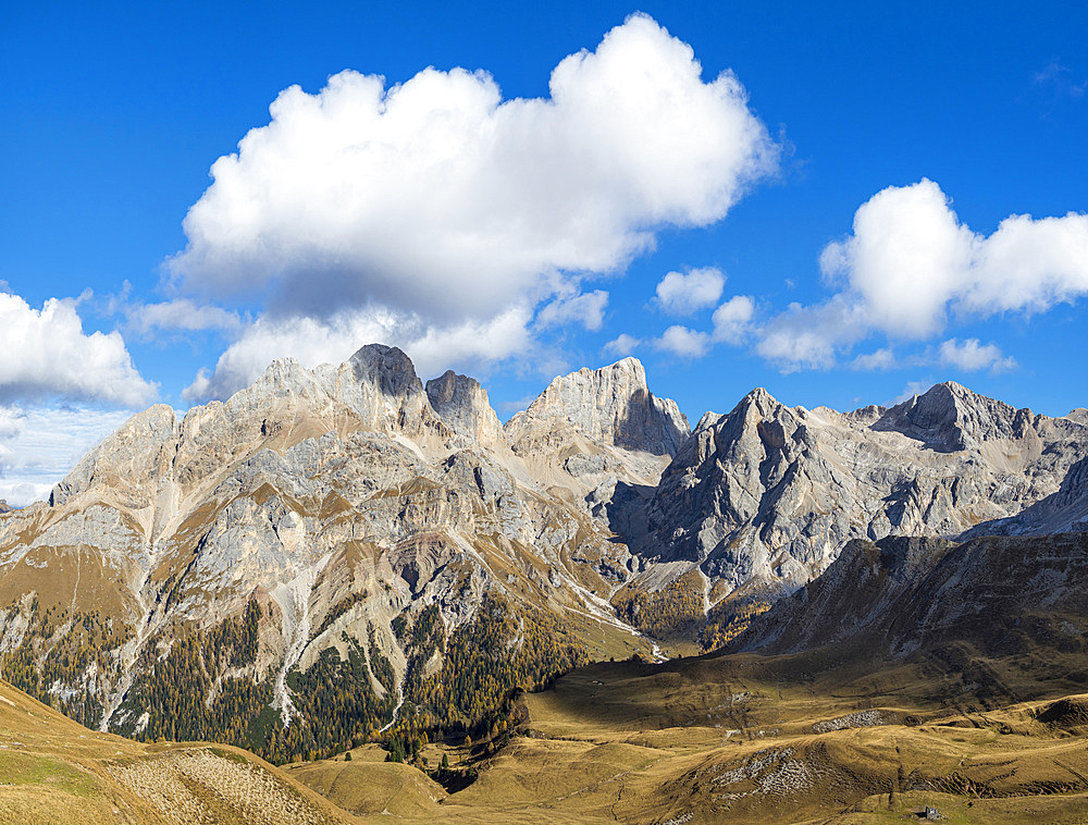 Marmolada seen from Pas de San Nicolo, left Gran Vernel, right Ombreta. Marmolada mountain range in the Dolomites of Trentino. Dolomites are part of the UNESCO world heritage. Europe, Central Europe, Italy