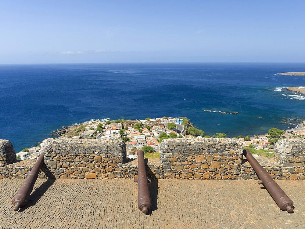 Cityview. Fortress Forte Real de Sao Filipe. Cidade Velha, historic center of Ribeira Grande, listed as UNESCO world heritage. Island of Santiago (Ilha de Santiago), Islands of Cape Verde in the equatorial Atlantic.