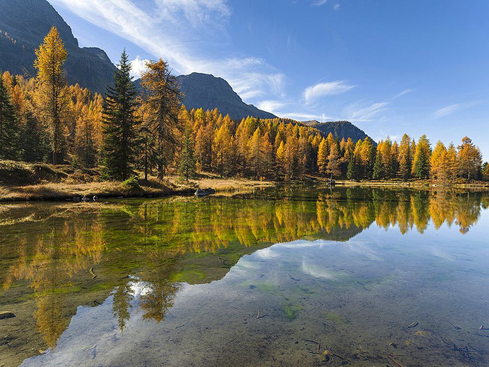 Lago San Pellegrino (Lech de San Pelegrin) during fall at Passo San Pellegrino in the Dolomites. Europe, Central Europe, Italy