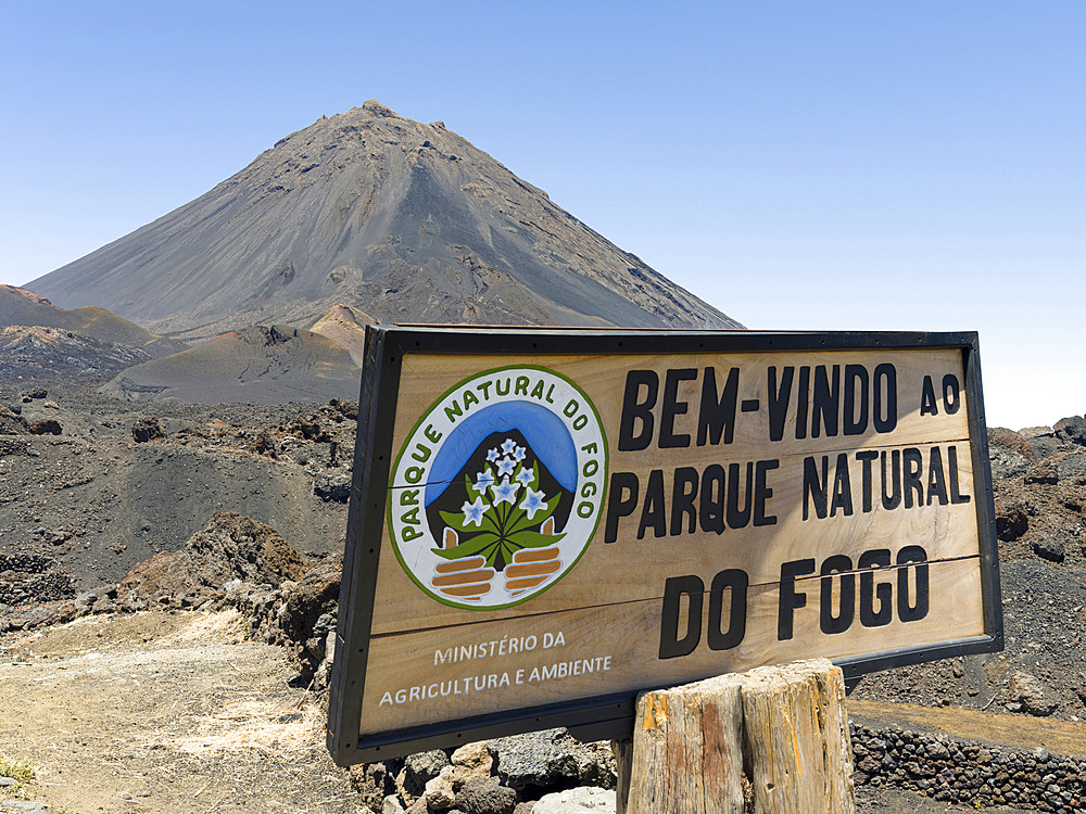 Entrance to Parque Natural do Fogo. Stratovolcano mount Pico do Fogo. Fogo Island (Ilha do Fogo), part of Cape Verde in the central atlantic.