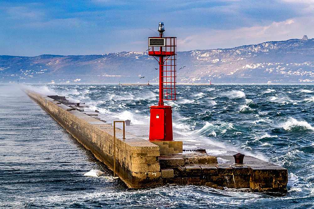 Trieste city and the Adriatic Sea during the wind phenomenon called Bora, Friuli-Venezia Giulia, Italy, Europe