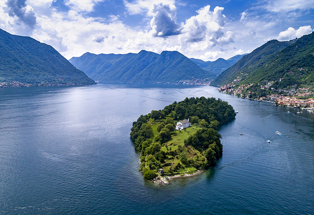 Aerial view, Isola Comacina island, Lake Como, Lombardy, Italy, Europe