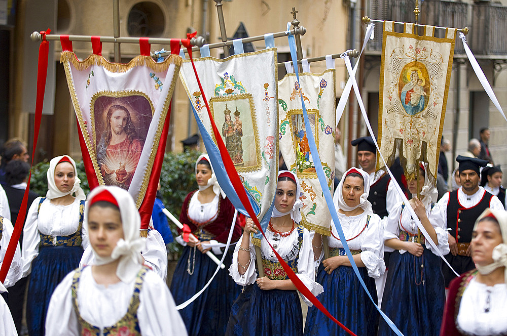 Cagliari, Typical Dress of Selegas; Sant'Efisio traditional event, the most important religious feast in Sardinia, Italy, Europe