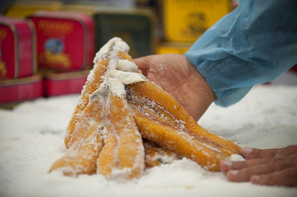 Azienda Salis Efisio, Bottarga, traditional dried fish (mullet lagoon) eggs, Sant'Antioco, Sardinia, Italy, Europe