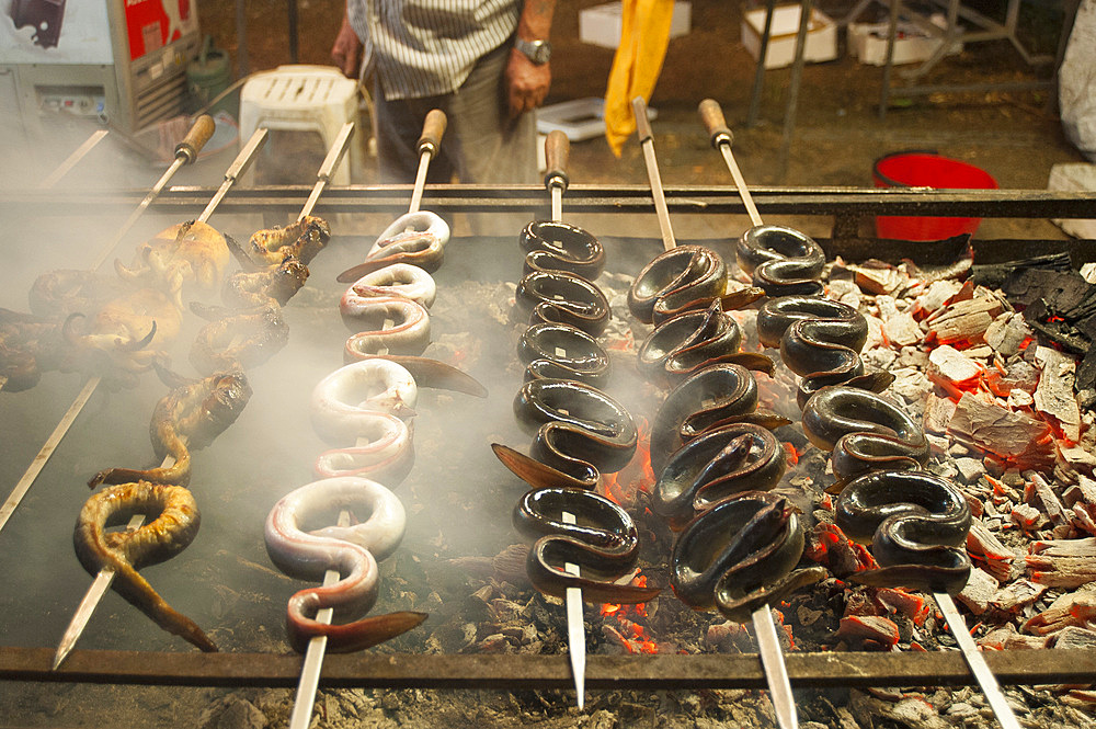 Eels on the spit, typical Sardinia recipe, Campidano, Sardinia, Italy, Europe