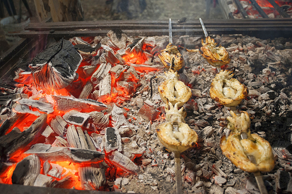 cuttlefish and eels on the spit, typical Sardinia recipe, Campidano, Sardinia, Italy, Europe