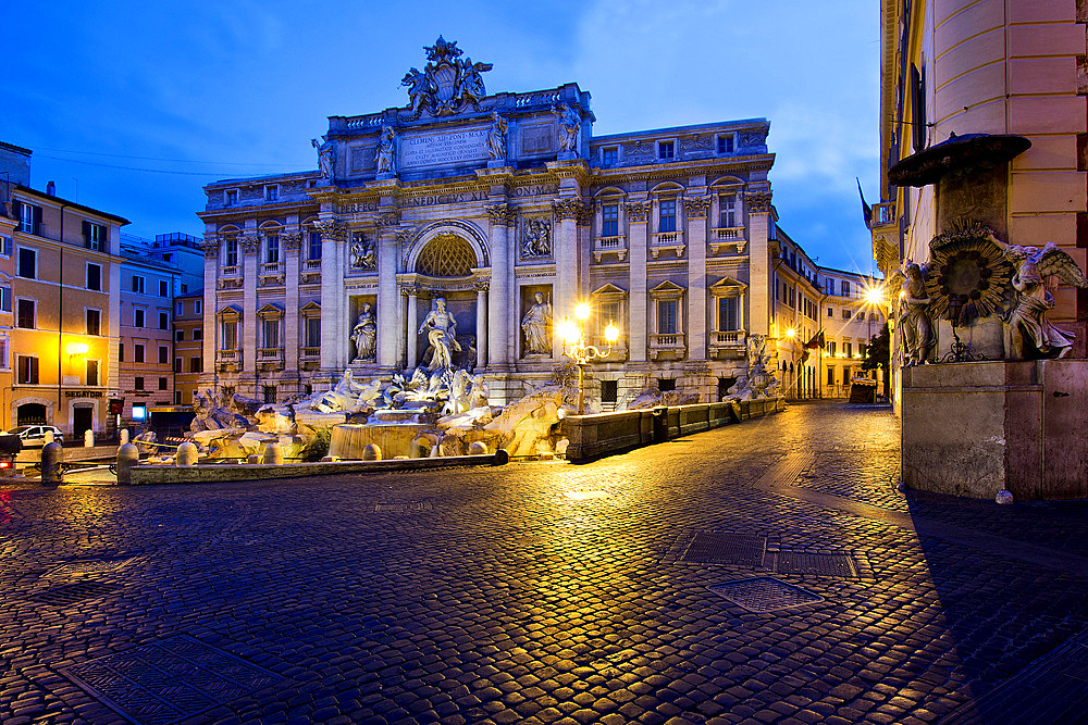 Trevi Fountain at the dusk, Square Trevi, Rome, Lazio, Italy, Europe