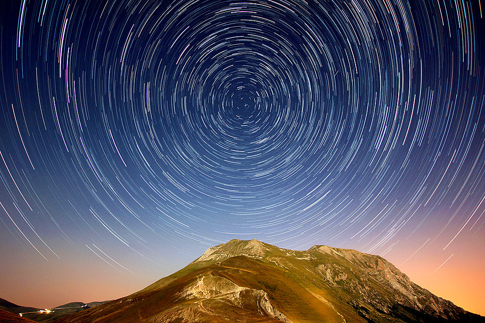 Trails of Stars, Park, Mountain Sibillini, Vettore mountain, night landscape, Marche, Italy, Europe