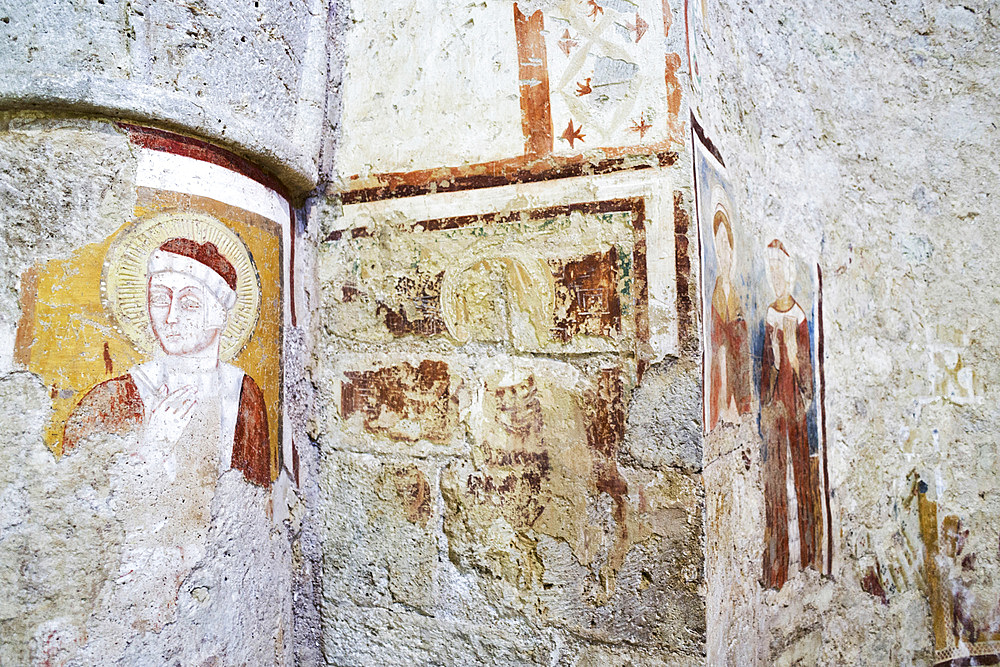 Archaeological Area Carsalue, Church of San Damiano, Interior, Frescoes, San Gemini, Umbria, Italy, Europe