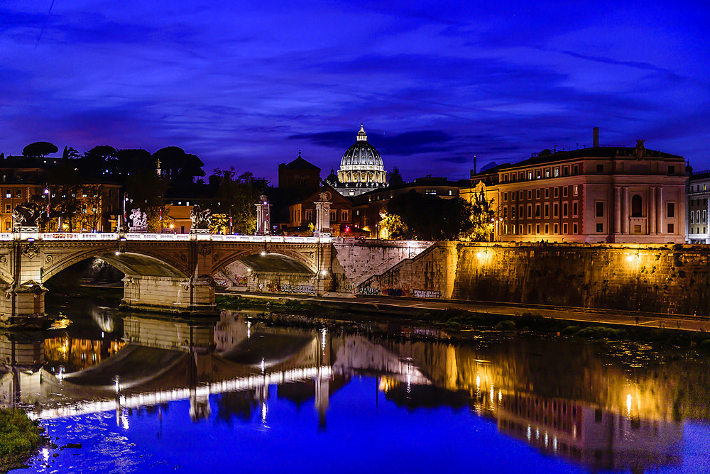 San Pietro Cathedral and river Tevere at sunset, Rome, Lazio, Italy, Europe