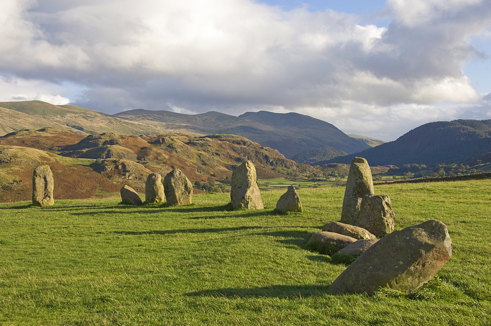 St. Johns in the Vale and the Helvellyn Range from Castlerigg Stone Circle, near Keswick, Lake District National Park, Cumbria, England, United Kingdom, Europe