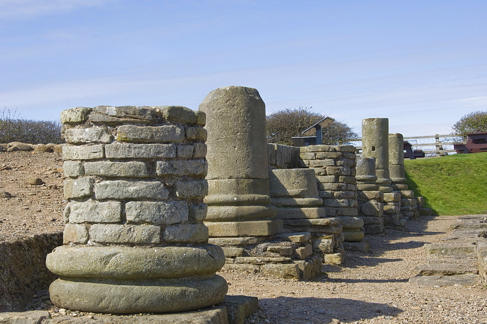 Column bases at the entrance to the granary, the Roman town at Corbridge, Hadrians Wall area, UNESCO World Heritage Site, Northumbria, England, United Kingdom, Europe