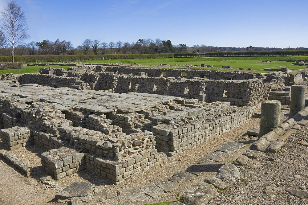 The floor of the Granary showing the underfloor hypocaust heating system, in the Roman Town at Corbridge, Hadrians Wall area, UNESCO World Heritage Site, Northumbria, England, United Kingdom, Europe