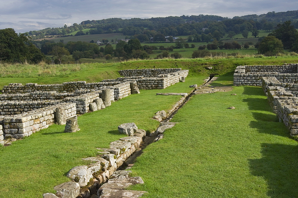 The main street with drainage channel and barrack blocks, Chesters Roman Fort, Hadrians Wall, UNESCO World Heritage Site, Northumbria, England, United Kingdom, Europe