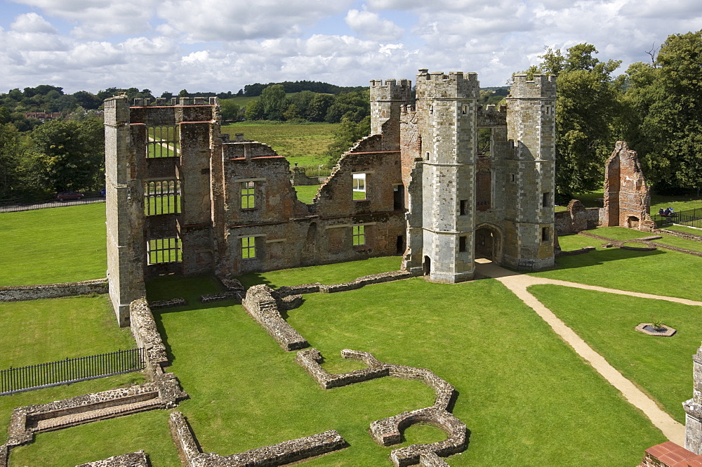 The inner courtyard and gate tower of the 16th century Tudor Cowdray Castle, Midhurst, West Sussex, England, United Kingdom, Europe