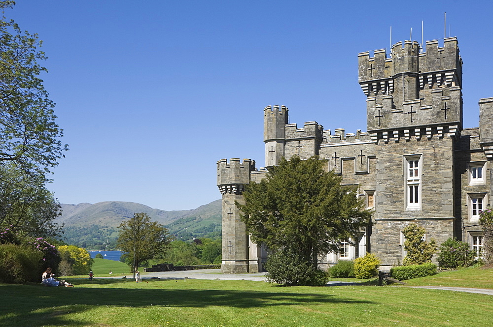 Wray Castle on the shore of Lake Windermere, a holiday home of Beatrix Potter, famous author of children's stories, Lake District National Park, Cumbria, England, United Kingdom, Europe