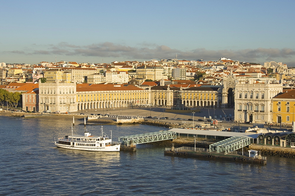 View from a cruise ship, early morning light over the Praca de Comercio, Lisbon, Portugal, Europe 