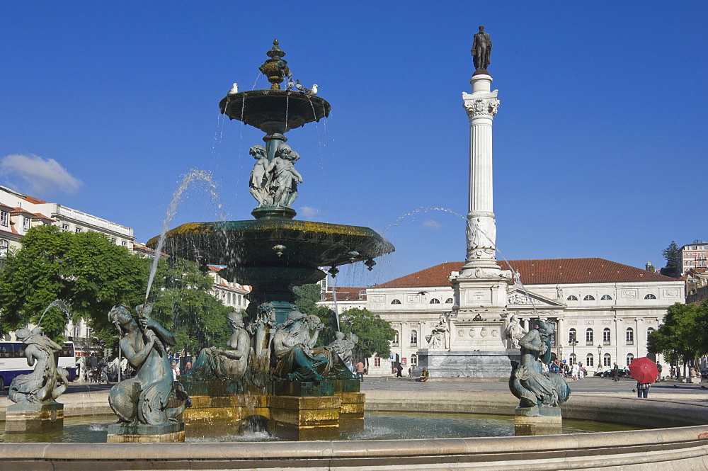 The Dom Pedro IV Monument and fountain, Rossio Square, Lisbon, Portugal, Europe