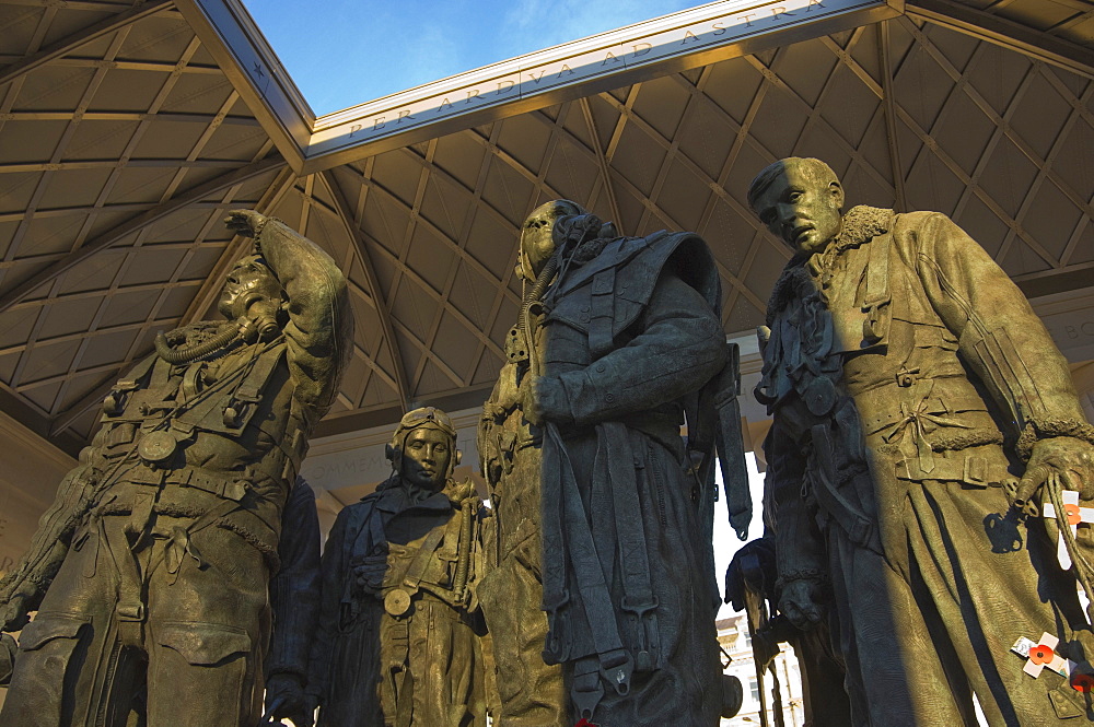 Interior of the Monument to the Royal Air Force Bomber Command showing the sculpted WWII bomber crew group, Piccadilly, London, England, United Kingdom, Europe