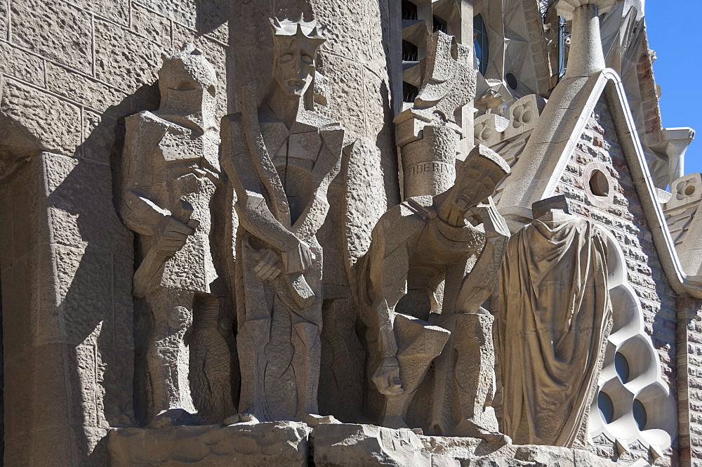 Tableaux in carved stone near the entrance to Sagrada Familia, Barcelona, Catalunya, Spain, Europe 