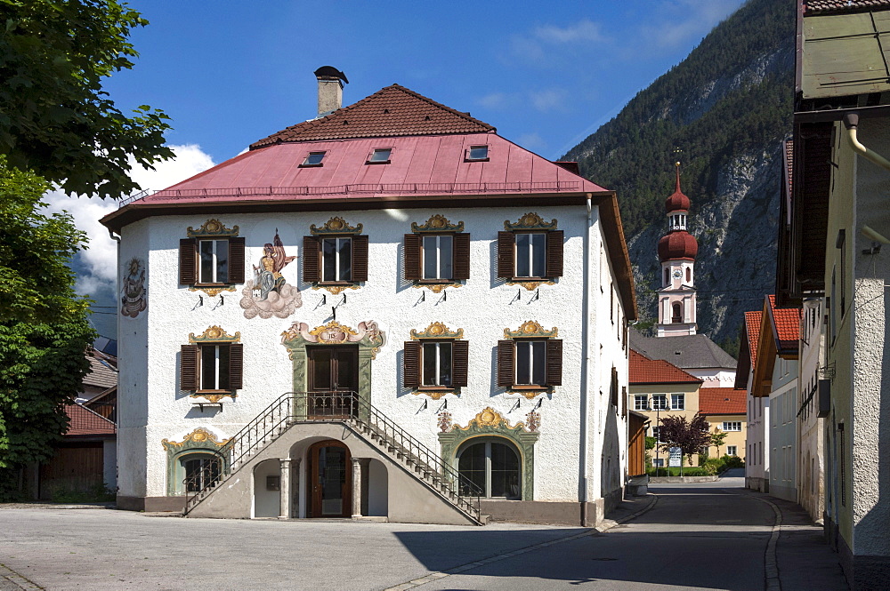 Traditional wall decoration, Town Hall and Church, Nassereith, Ferne Pass, Austria, Europe