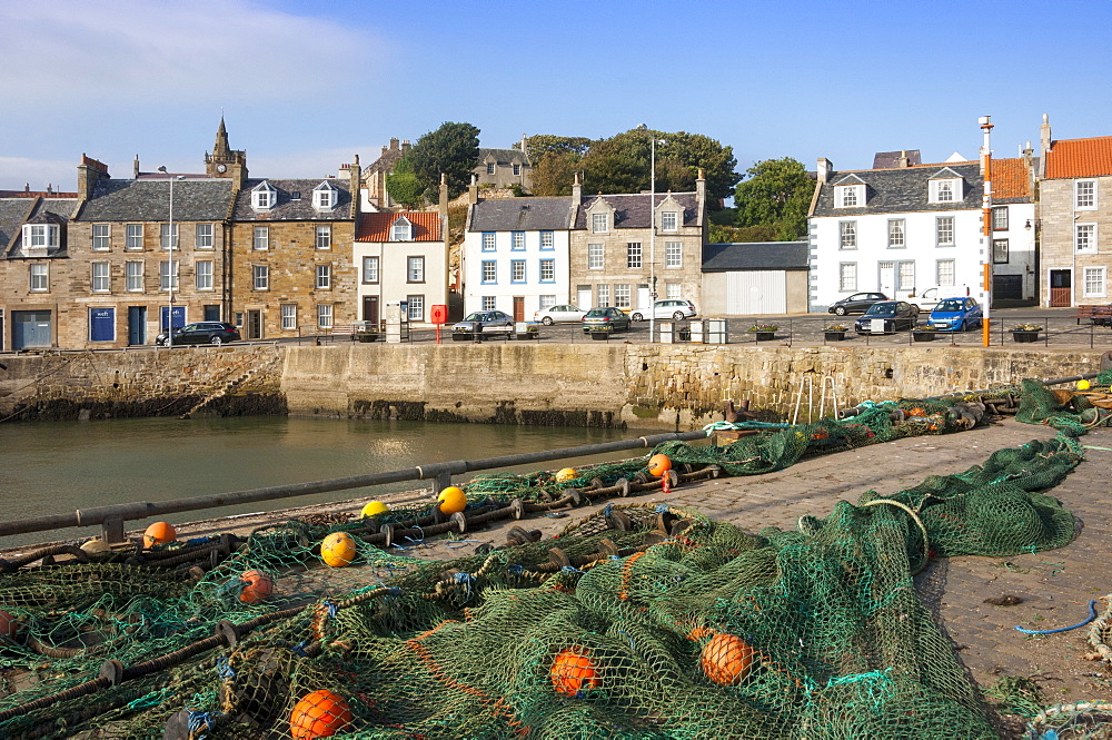 Drying nets by the harbour at Pittenweem, Fife, Scotland, United Kingdom, Europe 