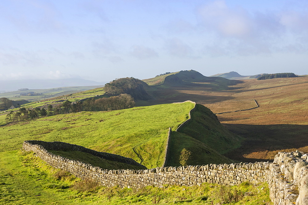 View west from Kings Hill to Housesteads Crags and Cuddy's Crags, Hadrians Wall, UNESCO World Heritage Site, Northumbria, England, United Kingdom, Europe