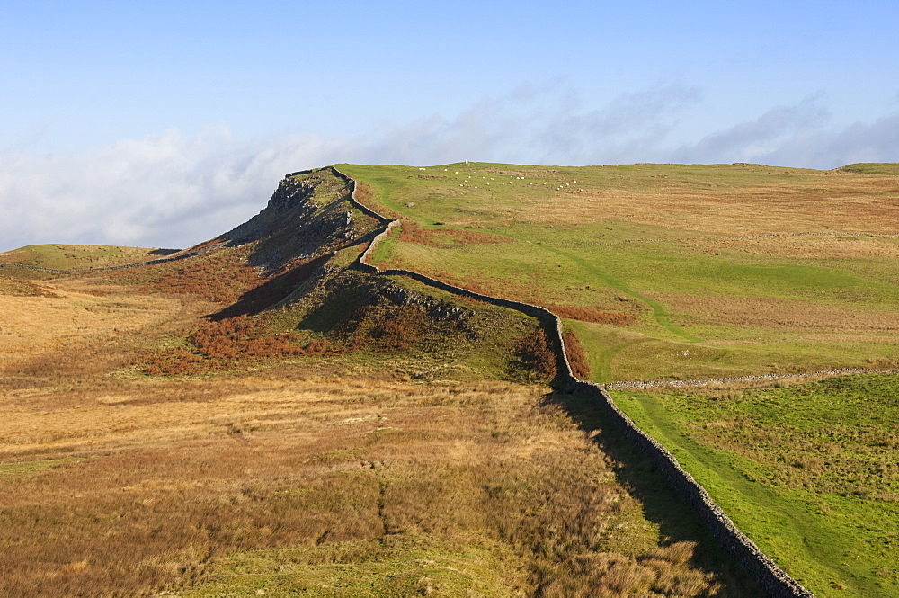 East to the Trig Point on Sewingshields Crags, Hadrians Wall, National Heritage Site, UNESCO World Heritage Site, Northumbria, England, United Kingdom, Europe