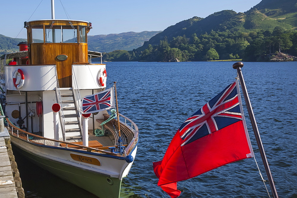 Steamer Raven at Glenridding Pier, Ullswater, Lake District National Park, Cumbria, England, United Kingdom, Europe