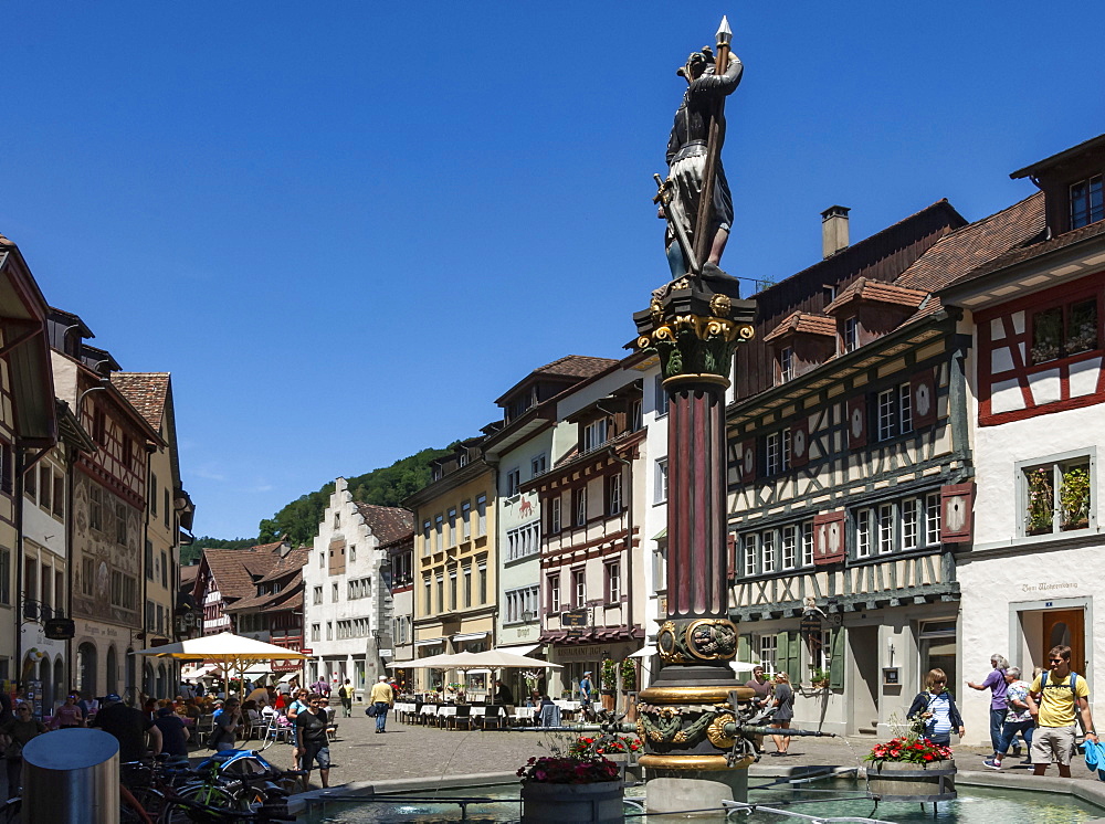 Street scene, fountain with Historic Market Cross, Stein am Rhein, Canton of Schaffhausen, Switzerland, Europe