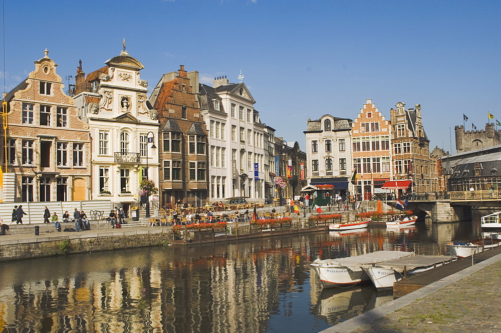 Merchants' premises with traditional gables, by the river, Ghent, Belgium, Europe