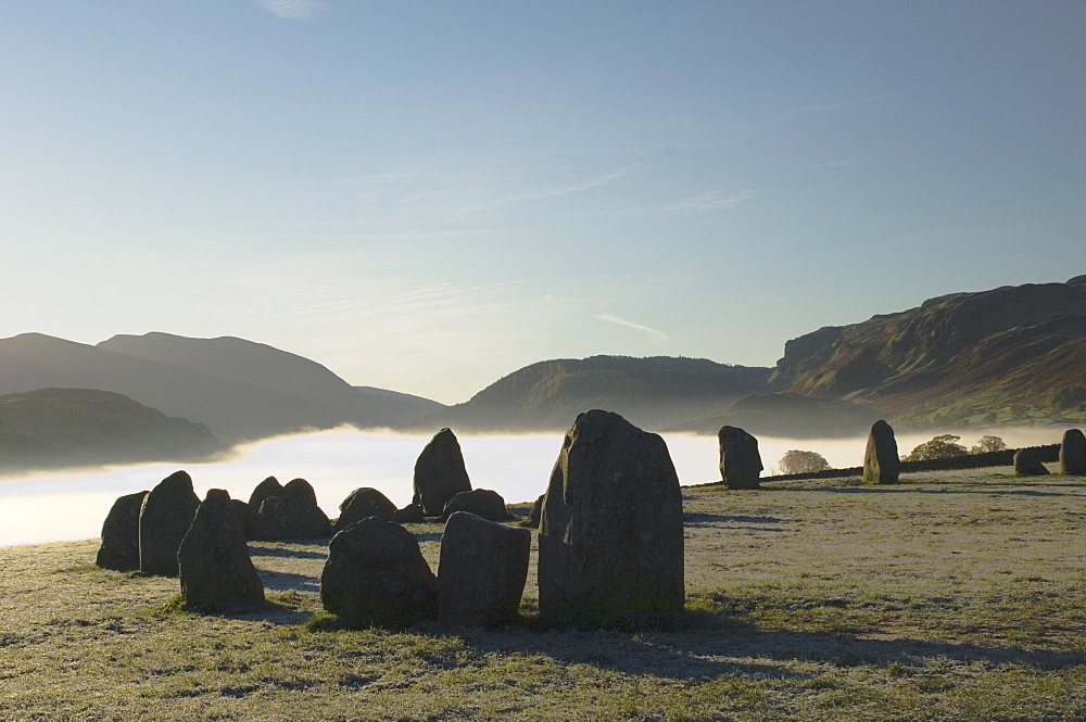 Dawn, Castlerigg Stone Circle, Helvellyn Range on horizon, Keswick, Lake District, Cumbria, England, United Kingdom, Europe