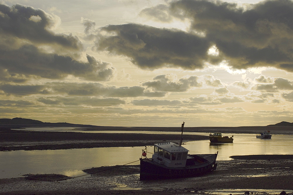 Beached fishing boats, low tide, Duddon estuary, Cumbria, England, United Kingdom, Europe