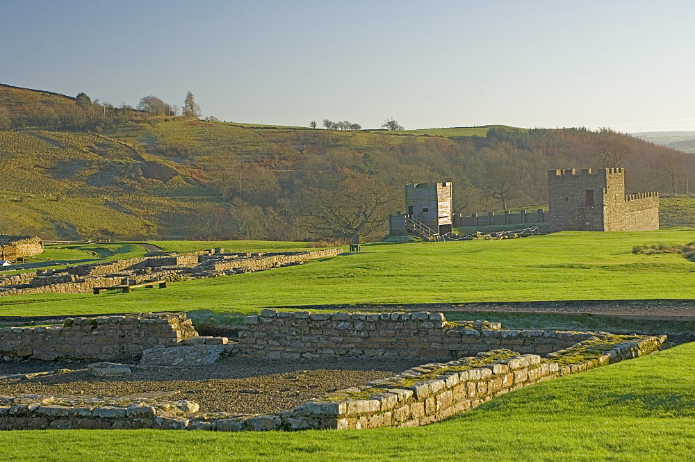 View south to reconstruction, Roman settlement and fort at Vindolanda, Roman Wall south, UNESCO World Heritage Site, Northumbria, England, United Kingdom, Europe