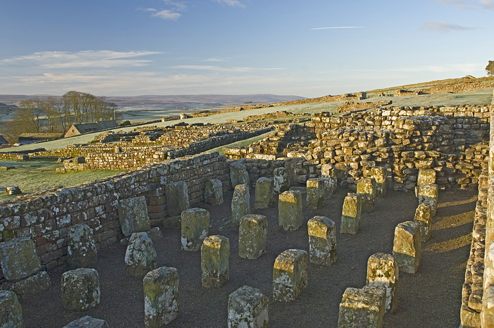 Granary showing supports for ventilated floor, Housesteads Roman Fort, Hadrians Wall, UNESCO World Heritage Site, Northumbria, England, United Kingdom, Europe