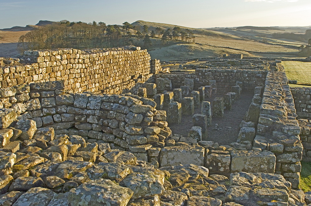 Granary showing supports for ventilated floor and circular furnace to provide heated air underfloor, Housesteads Roman Fort, Hadrians Wall, UNESCO World Heritage Site, Northumbria, England, United Kingdom, Europe