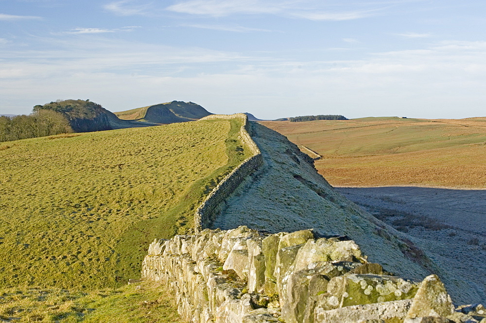 Looking west from Kings Hill to Housesteads Wood, Hotbank and Cuddy Crags, Hadrians Wall, UNESCO World Heritage Site, Northumbria, England, United Kingdom, Europe