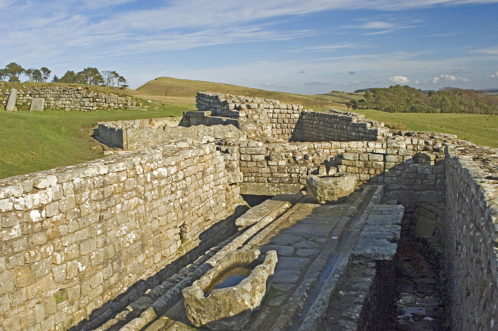 The latrine, Housesteads Roman Fort, Hadrians Wall, UNESCO World Heritage Site, Northumbria, England, United Kingdom, Europe