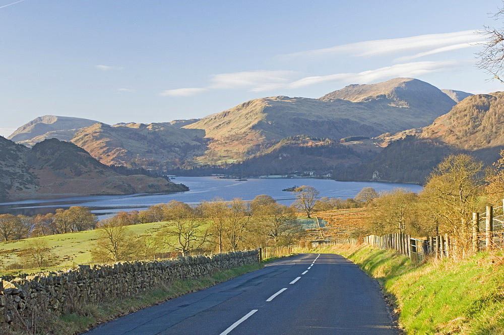 The road to the lake, Lake Ullswater, Birks, and St. Sunday Crag, 840 ft., Lake District National Park, Cumbria, England, United Kingdom, Europe