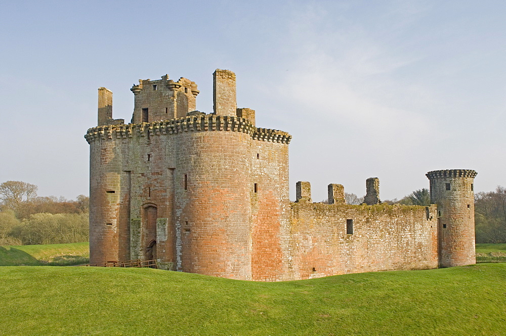 Moated medieval stronghold of Caerlaverock Castle, Dumfries and Galloway, Scotland, United Kingdom, Europe