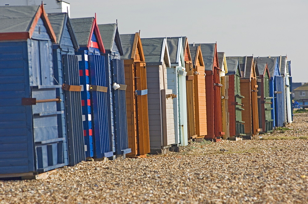 Beach huts locked up for winter, Hayling Island, Hampshire, England, United Kingdom, Europe