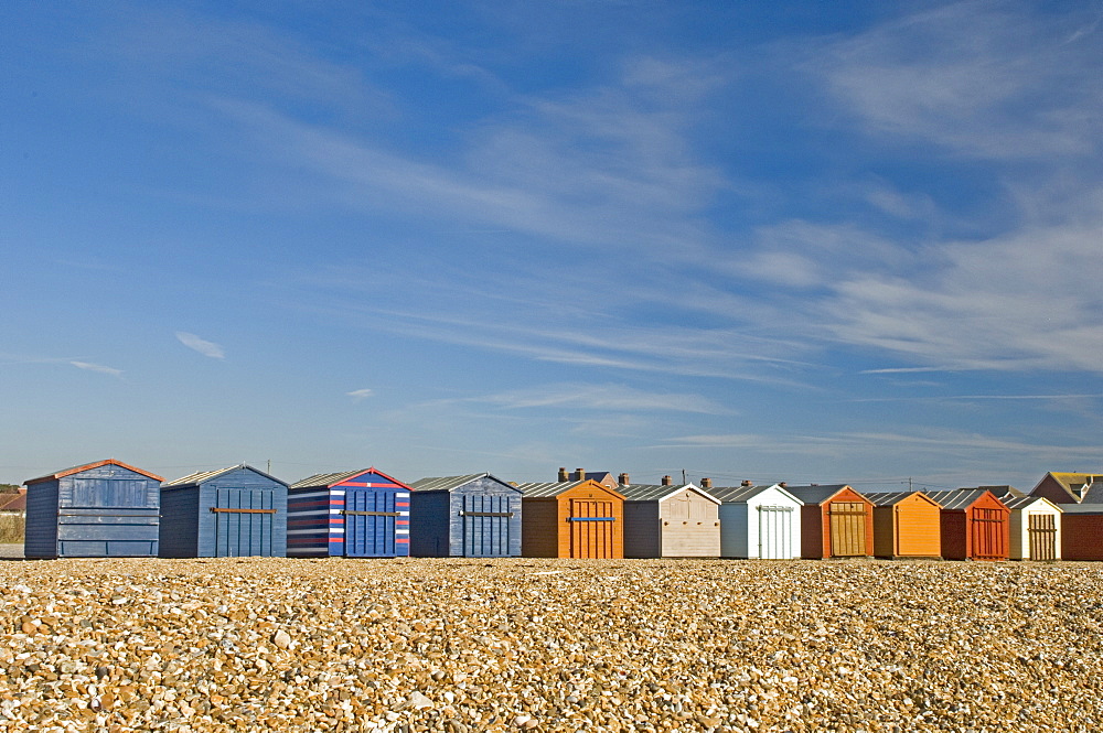 Beach huts locked up for winter, Hayling Island, Hampshire, England, United Kingdom, Europe